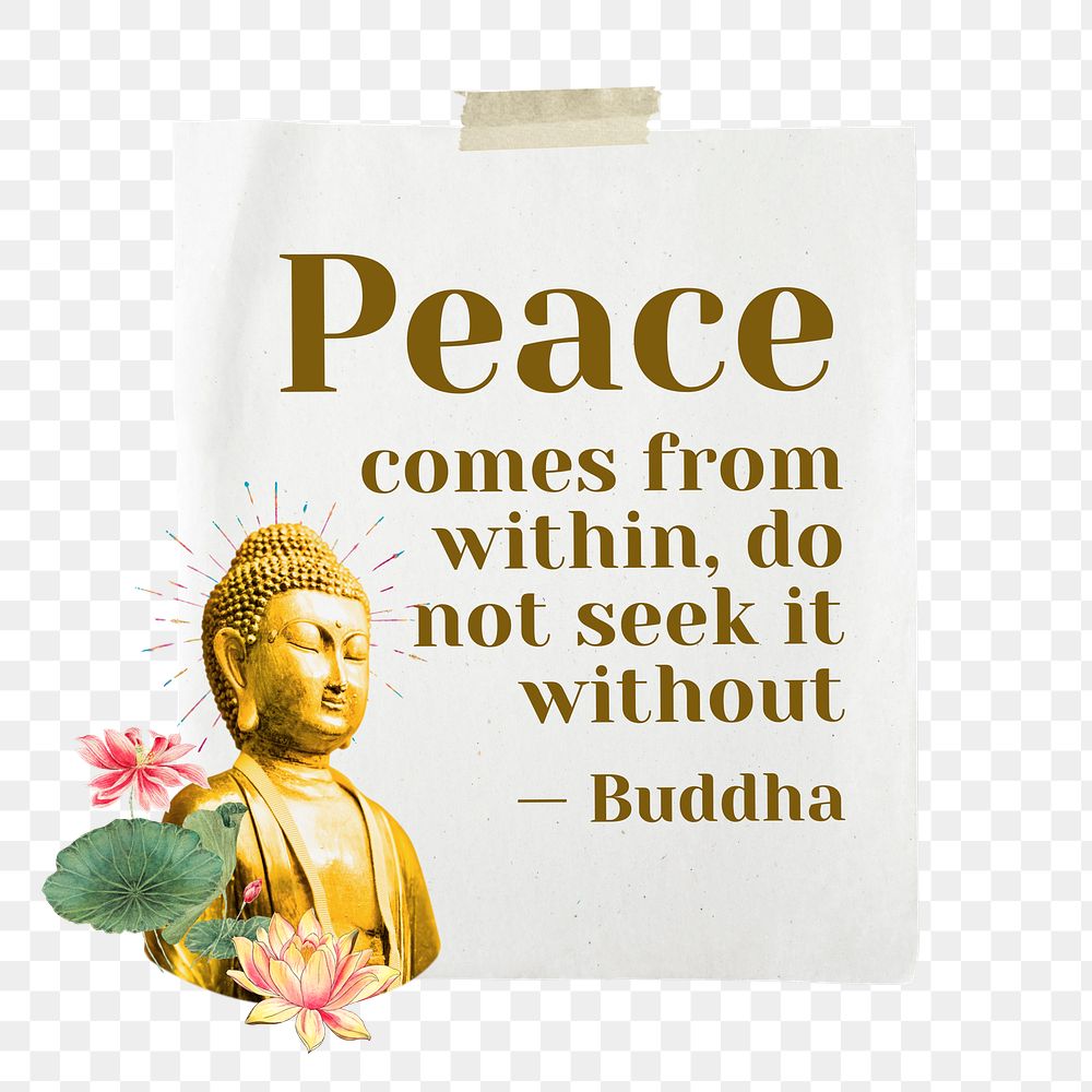 PNG Peace quote, buddha statue  paper craft remix, transparent background