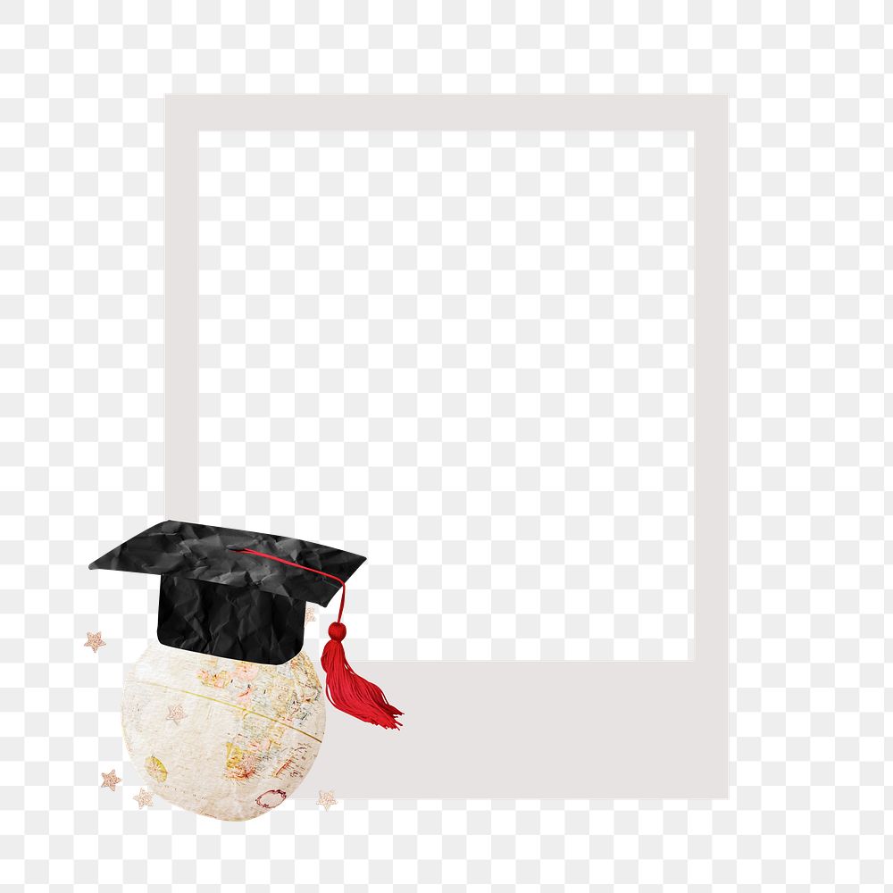 PNG Graduate globe instant film frame, creative remix, transparent background