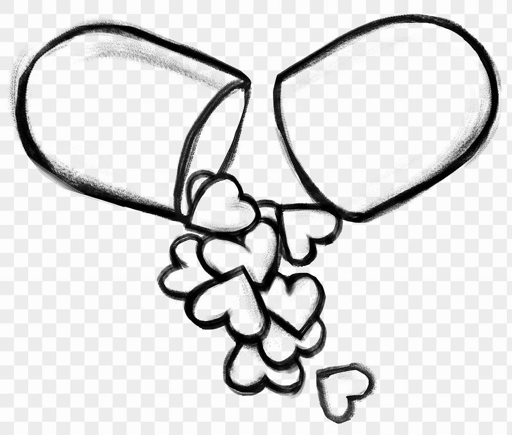 Hearts flowing from capsule png doodle element, transparent background