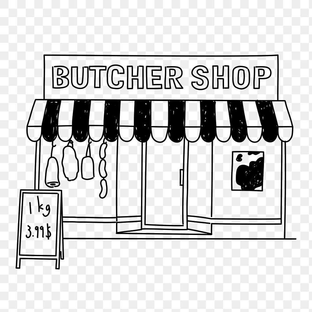 Butcher shop front png doodle element, transparent background