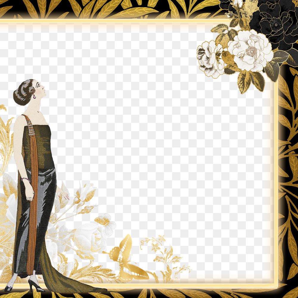 PNG 1920s woman fashion frame, George Barbier's famous illustration, transparent background. Remixed by rawpixel.