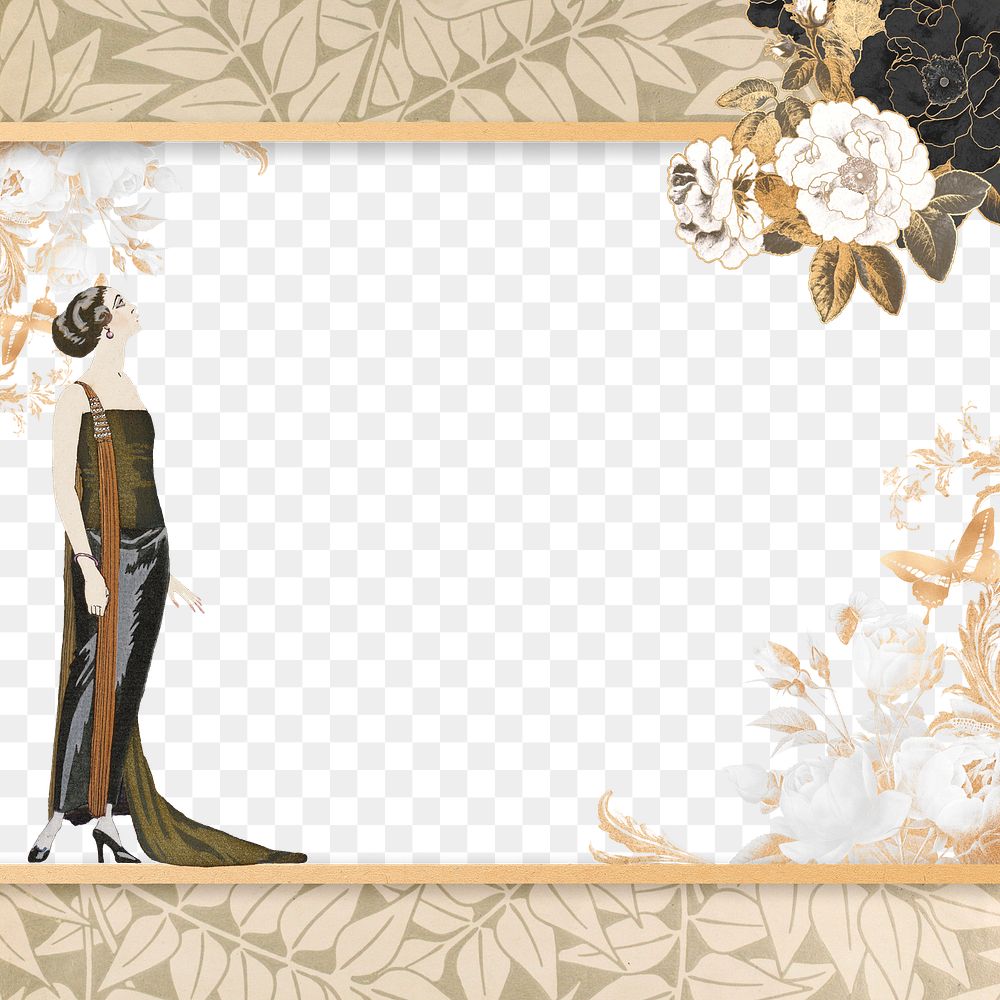 PNG 1920s woman fashion frame, George Barbier's famous illustration, transparent background. Remixed by rawpixel.