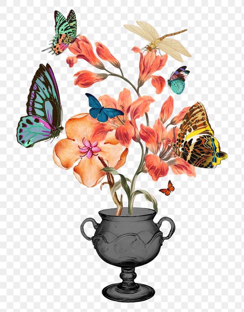 PNG Flower and butterfly, vintage botanical illustration, transparent background. Remixed by rawpixel.