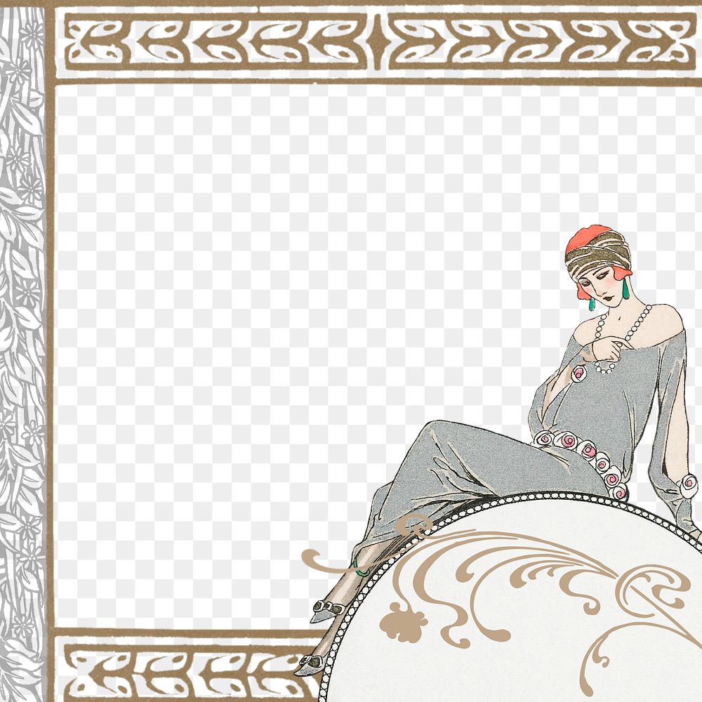 PNG George Barbier's woman frame, vintage fashion illustration, transparent background. Remixed by rawpixel.