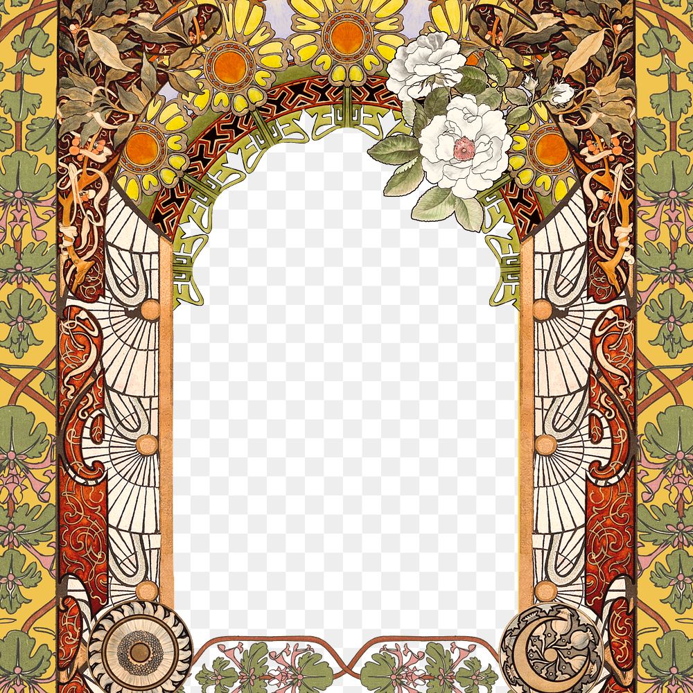 PNG Floral art nouveau frame background, vintage botanical illustration, transparent background. Remixed by rawpixel.