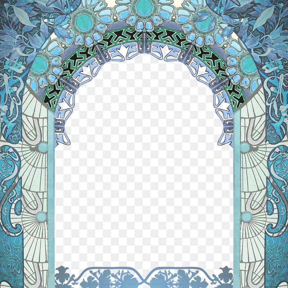 PNG Floral art nouveau frame background, blue vintage botanical illustration, transparent background. Remixed by rawpixel.