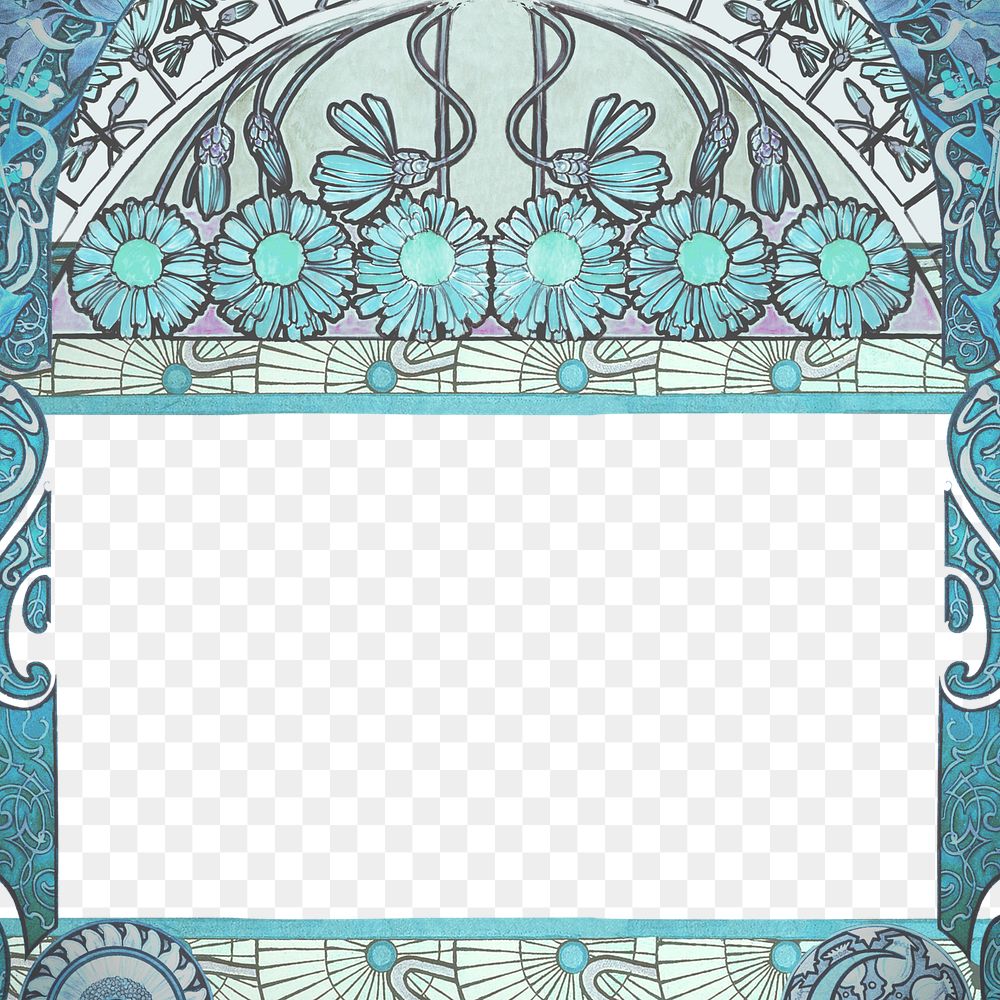 PNG Blue ornate flower frame, art nouveau illustration, transparent background. Remixed by rawpixel.