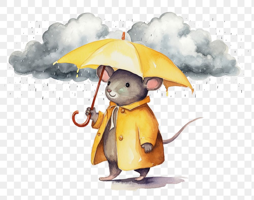 PNG Rat holding umbrella, watercolor illustration, transparent background