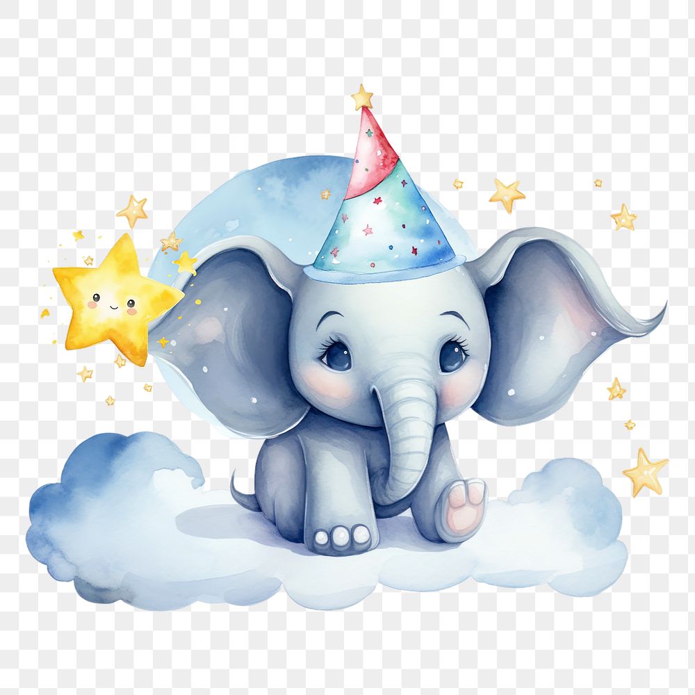 PNG Birthday elephant cartoon, watercolor illustration, transparent background