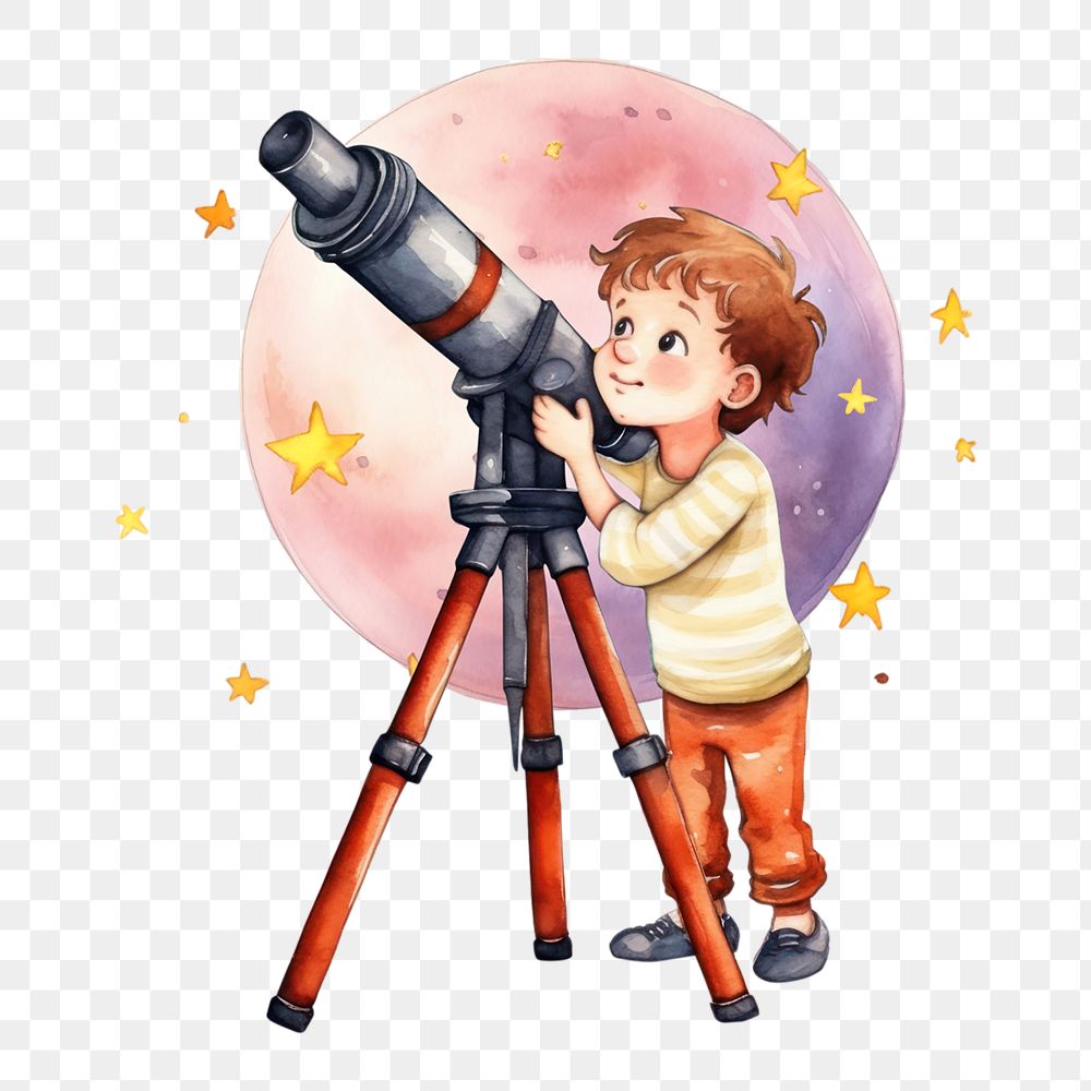 PNG Boy using astronomical telescope, watercolor illustration, transparent background