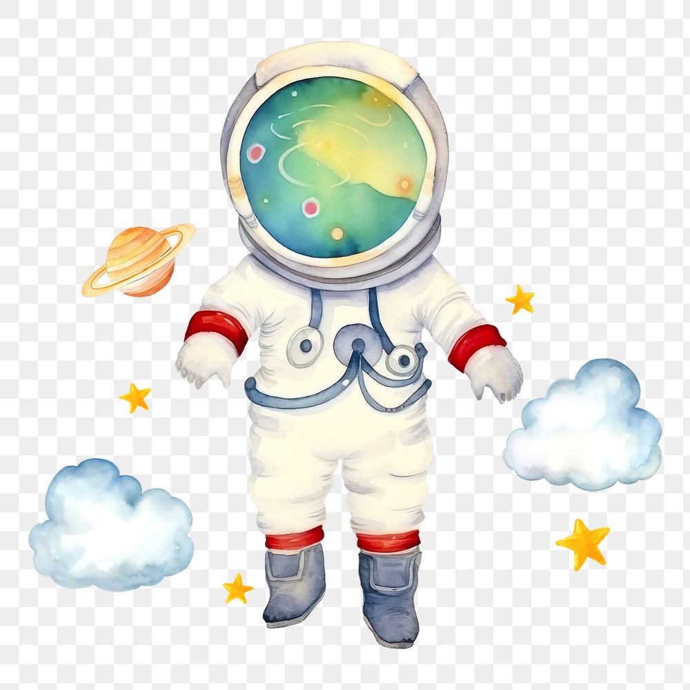 PNG Floating astronaut, watercolor illustration, transparent background