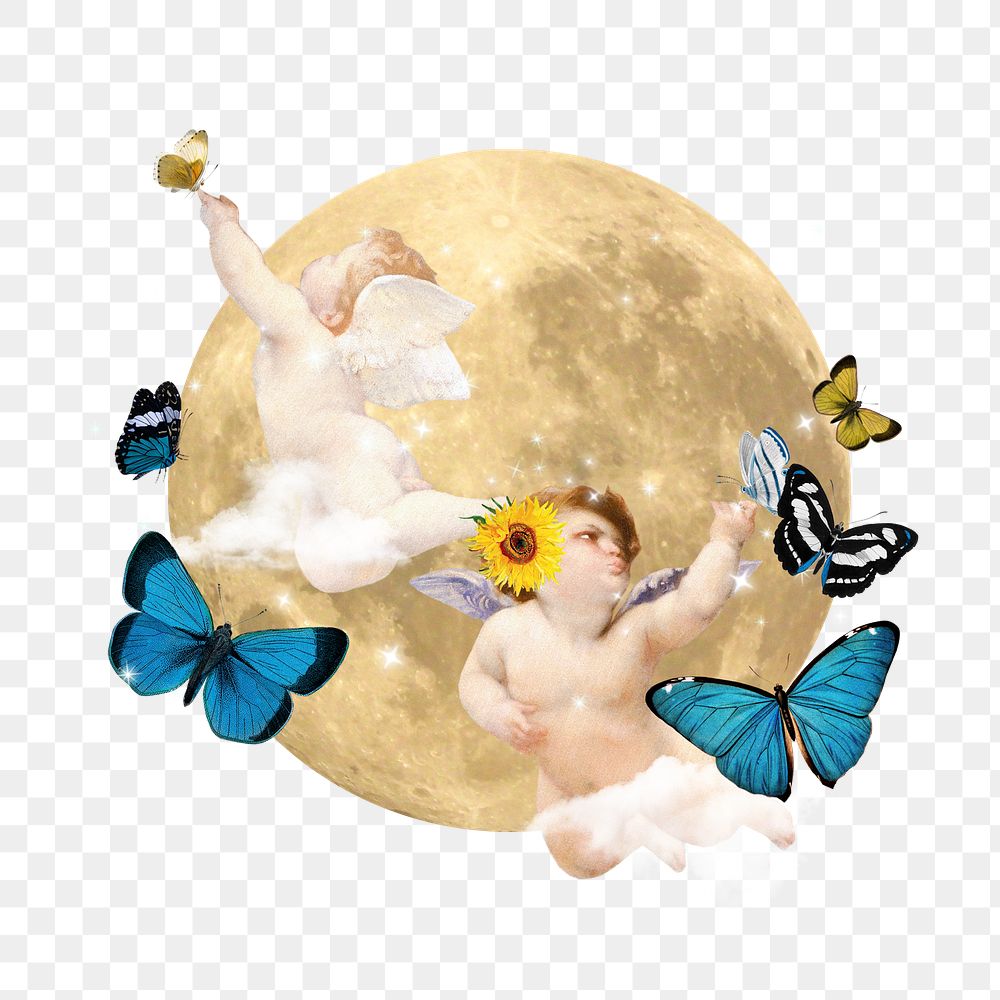 PNG Vintage cherubs dreamy moon illustration transparent background