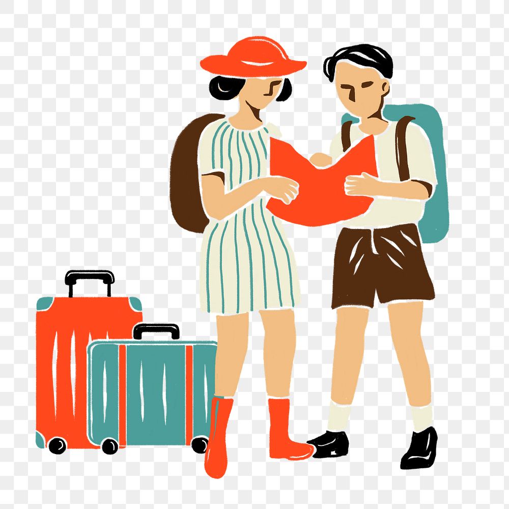 PNG Travel couple retro illustration, transparent background