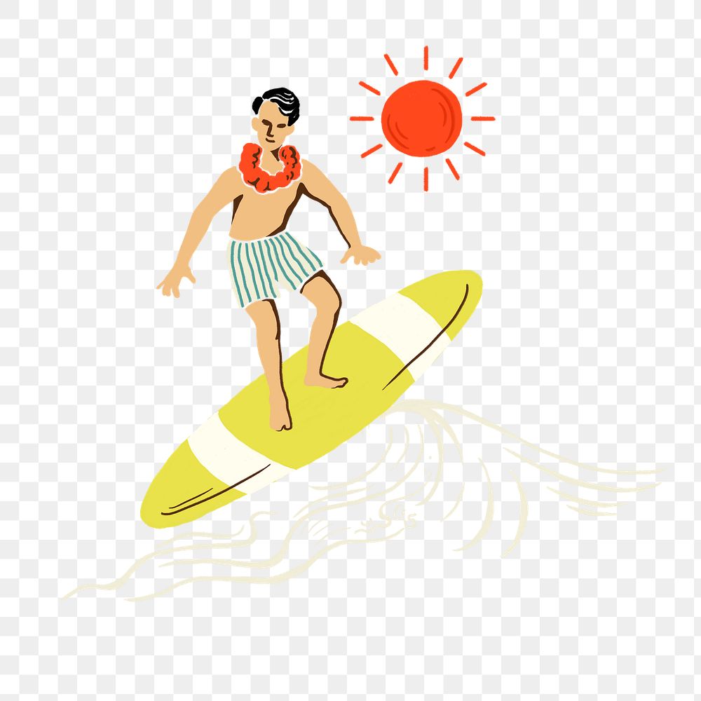 PNG Man surfing  retro illustration, transparent background