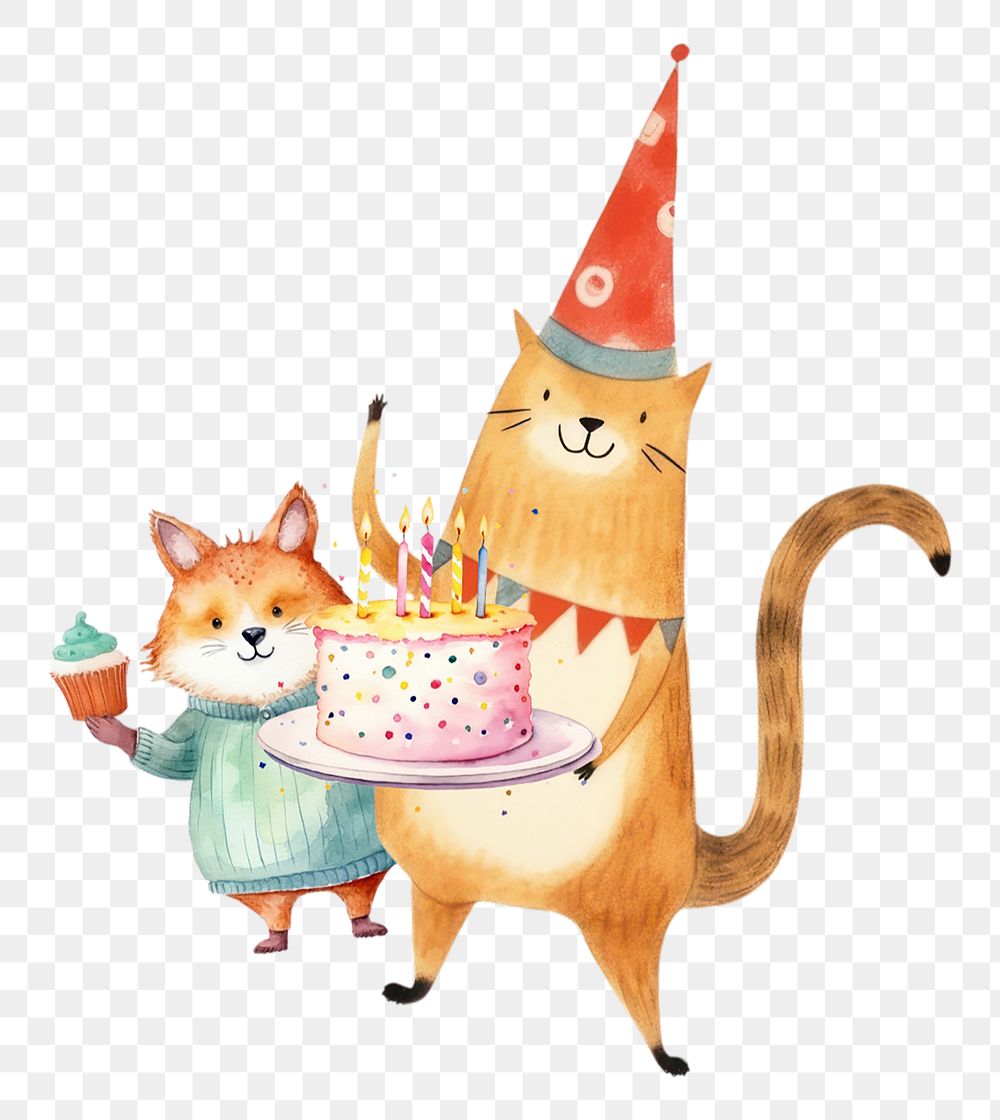 Birthday cat png, watercolor animal, transparent background