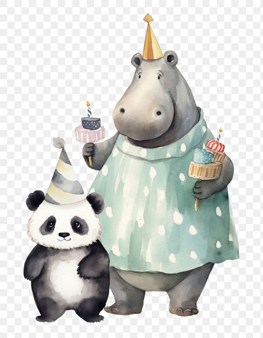 Birthday hippo png, watercolor animal, transparent background