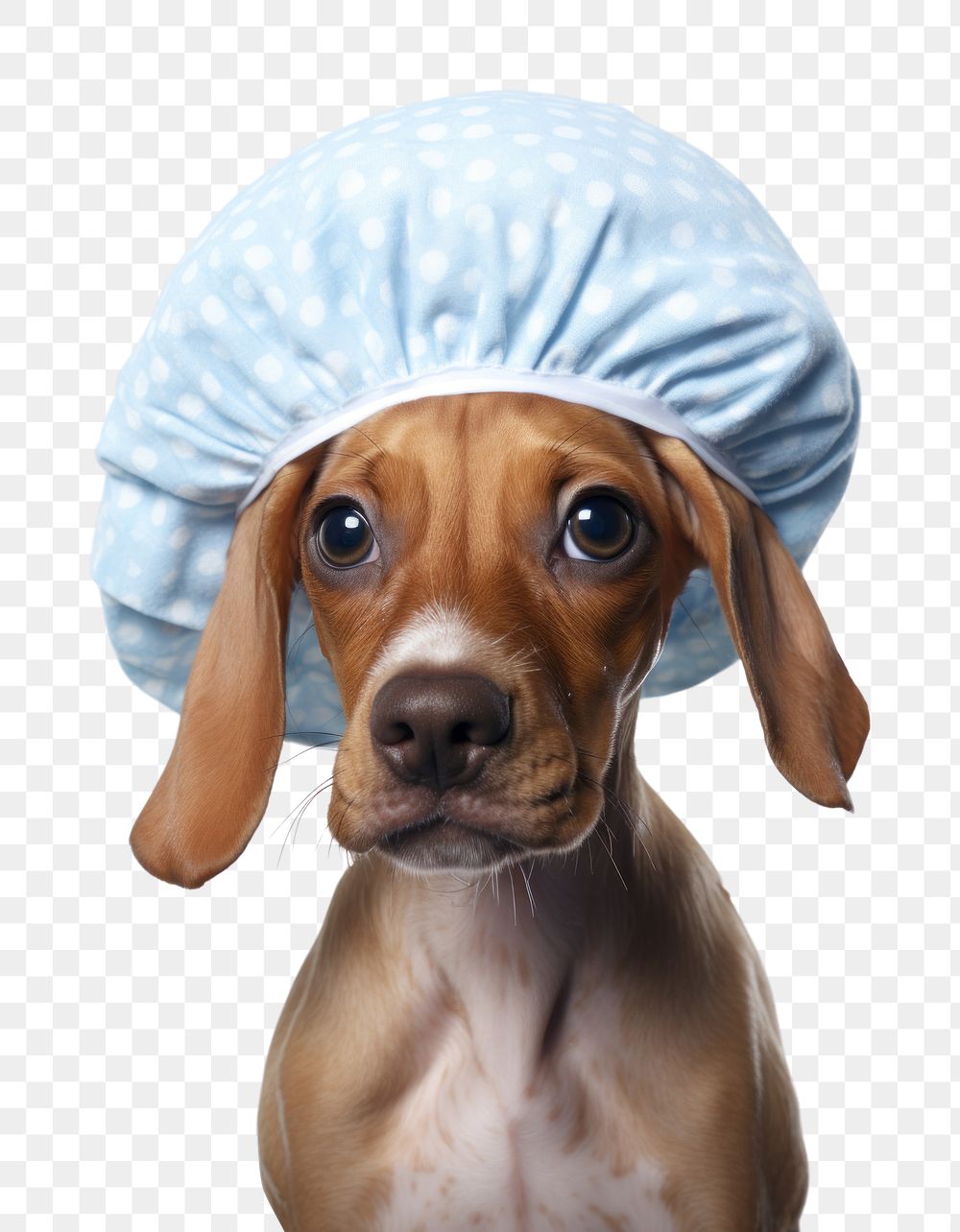 PNG sad dog wearing blue shower cap. AI generated image by rawpixel.