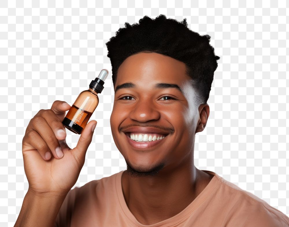 PNG  Smiling man cosmetics bottle face. AI generated Image by rawpixel.
