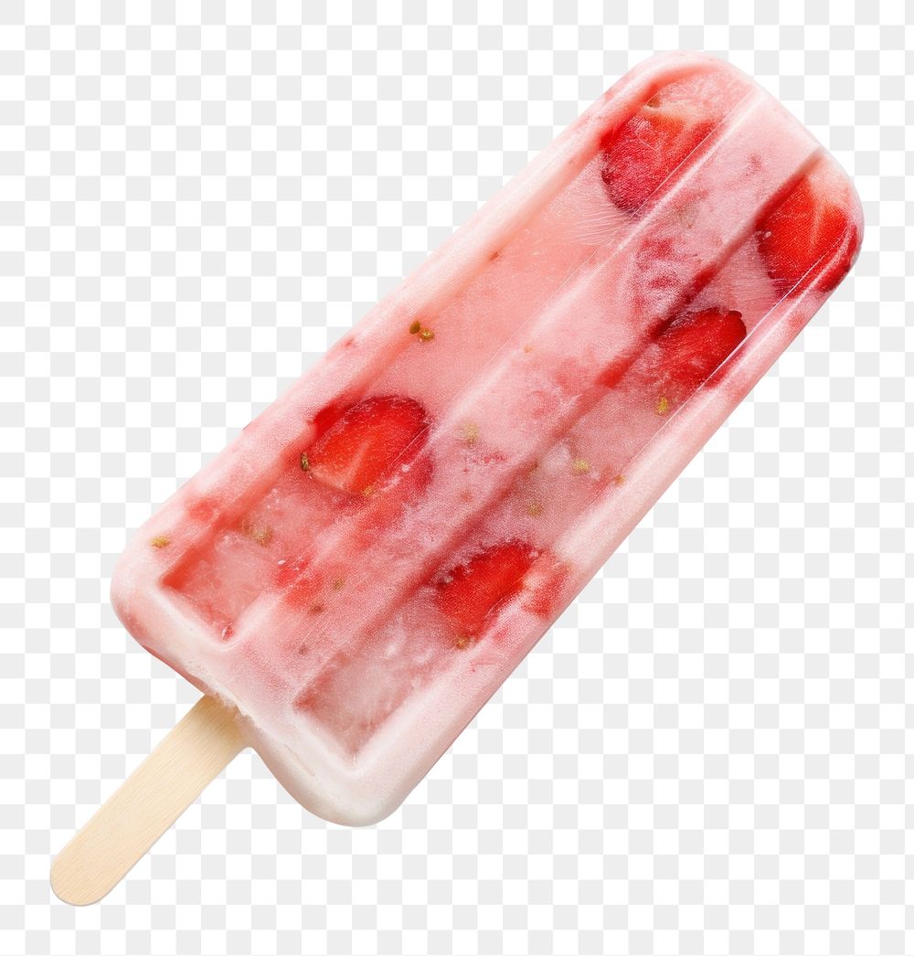 PNG strawberry popsicle, flat lay, transparent background