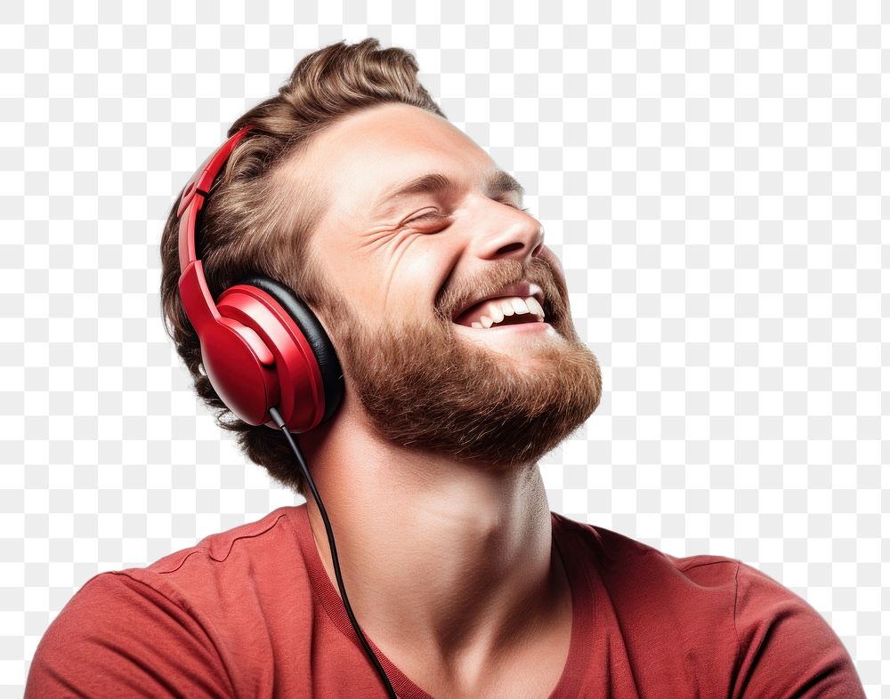PNG Man listening Music headphones laughing headset. 
