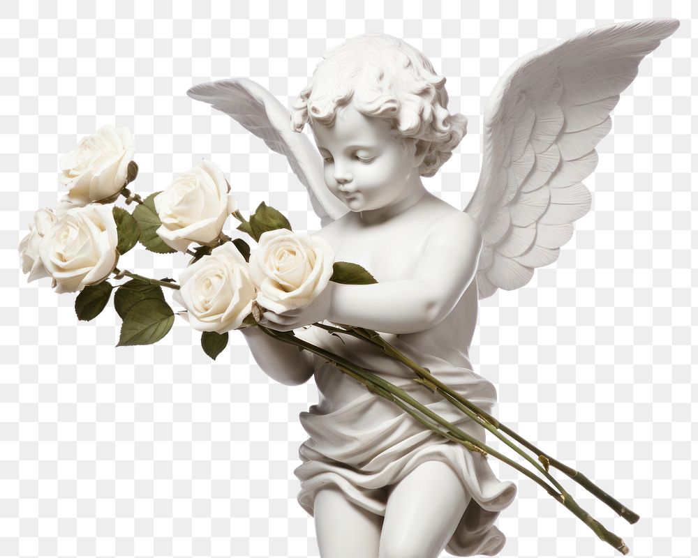 PNG Cupid statue flower angel plant. AI generated Image by rawpixel.
