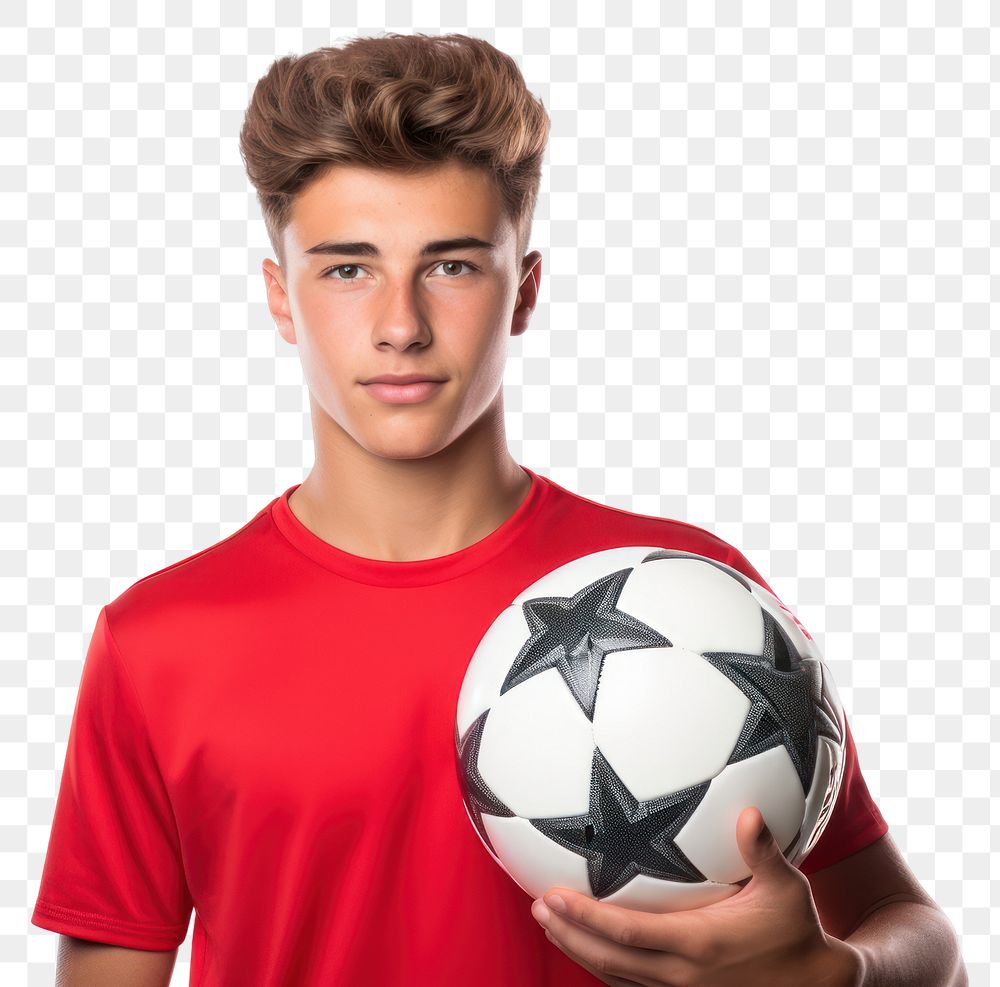 PNG Young man holding soccerball football portrait t-shirt. 