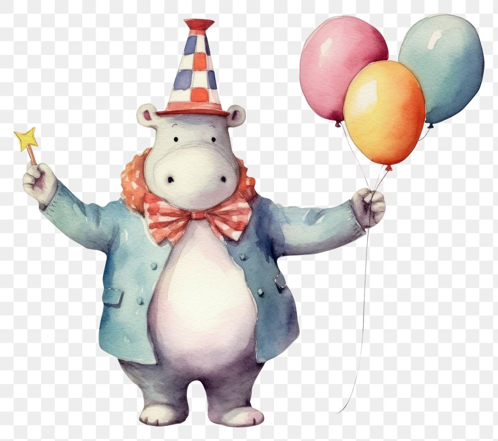 PNG Hippo holding balloon standing party hat. AI generated Image by rawpixel.