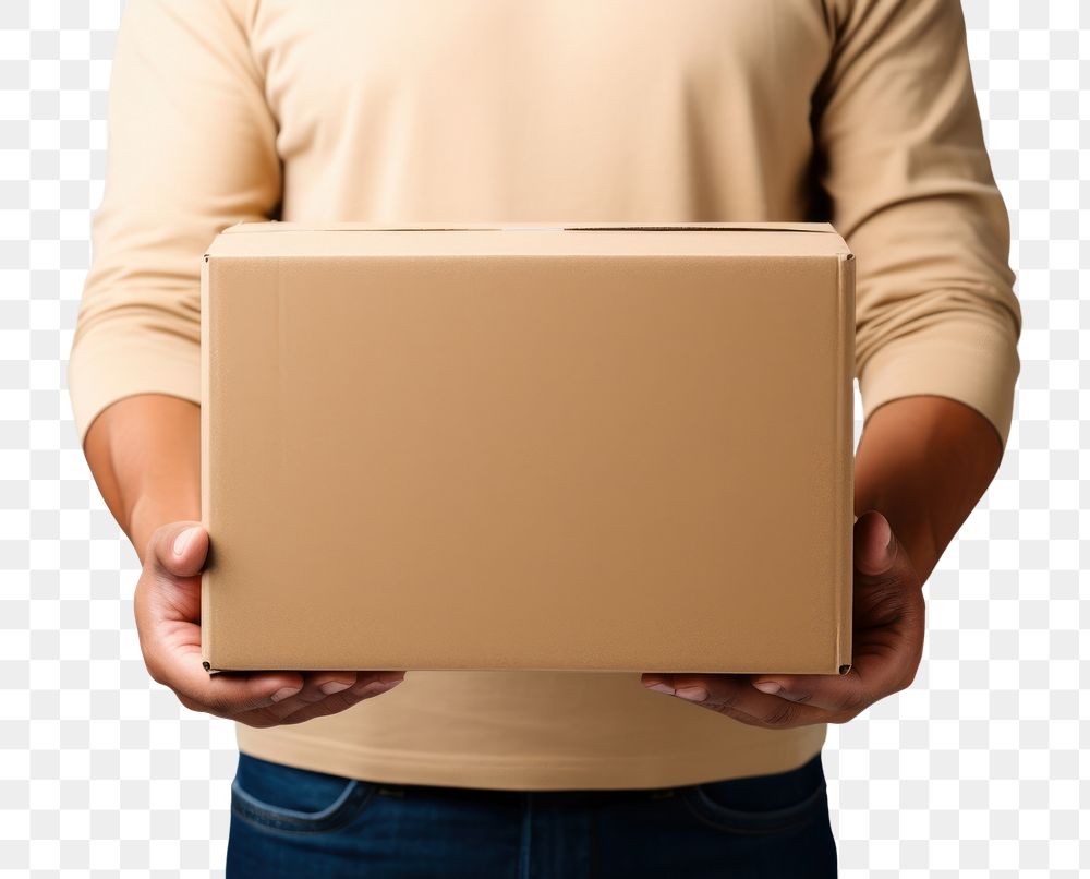 PNG Man holding a paper box cardboard white background studio shot. AI generated Image by rawpixel.