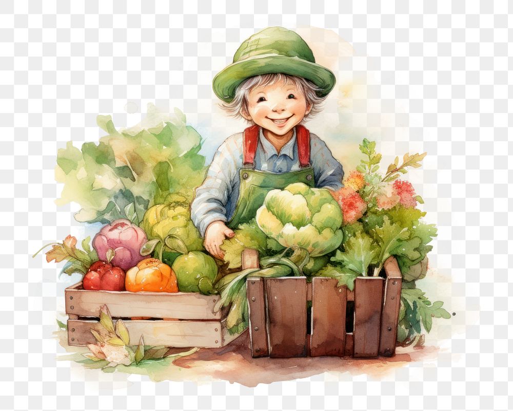 PNG  Happy old wearing gardening vegetable painting harvest. AI generated Image by rawpixel.
