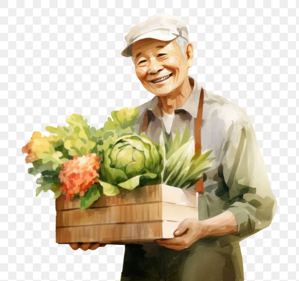 PNG  Happy old asian gardening holding drawing. AI generated Image by rawpixel.