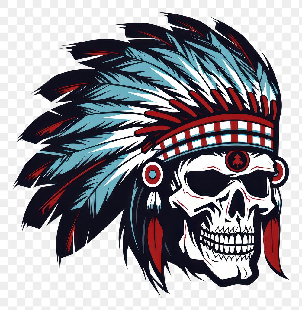PNG 2d flat logo of an skull wearing a native america headdress white background creativity disguise. AI generated Image by…