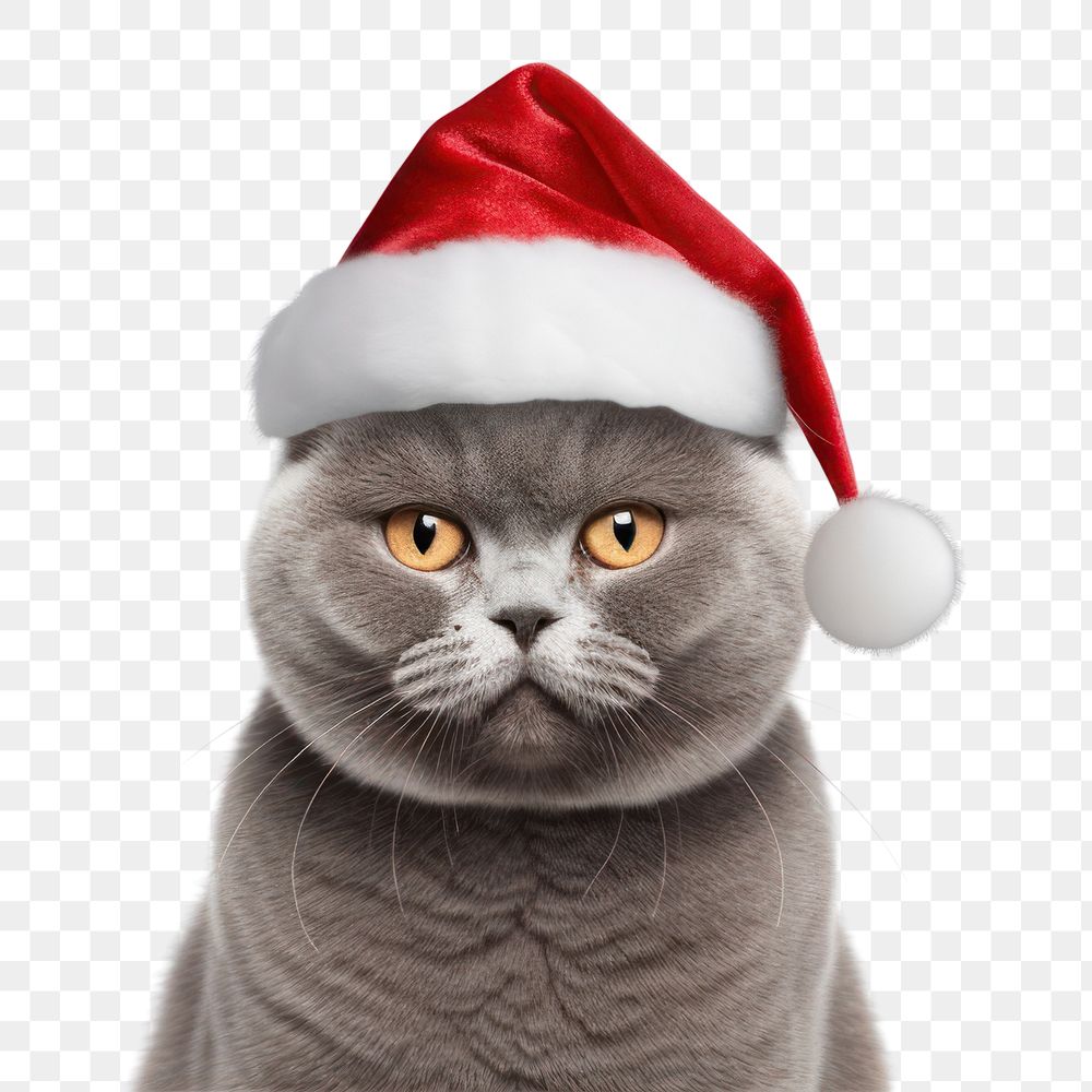 PNG  Gray cat wearing christmas hat portrait mammal animal. AI generated Image by rawpixel.