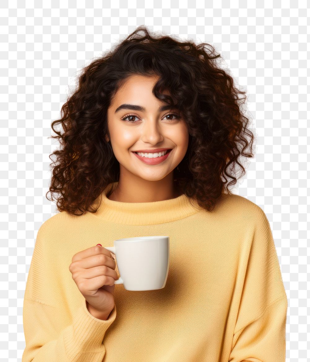 PNG  Woman holding a mug yellow smile cup. AI generated Image by rawpixel.