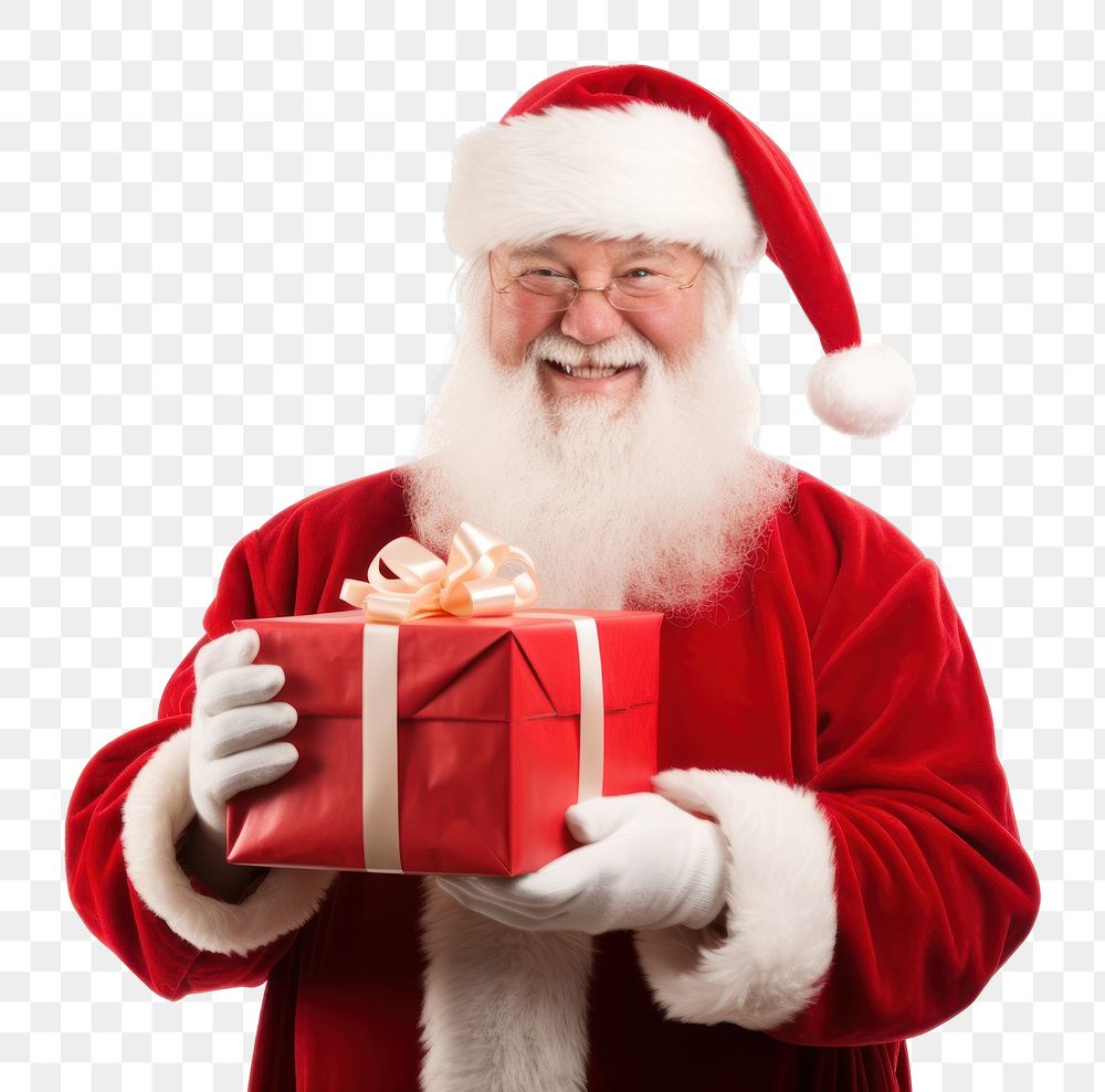 PNG Happy santa claus holding a gift christmas adult white background. AI generated Image by rawpixel.