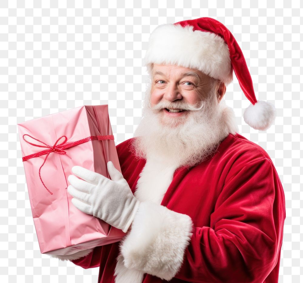 PNG Happy santa claus holding a pink gift paper bag christmas adult celebration. AI generated Image by rawpixel.