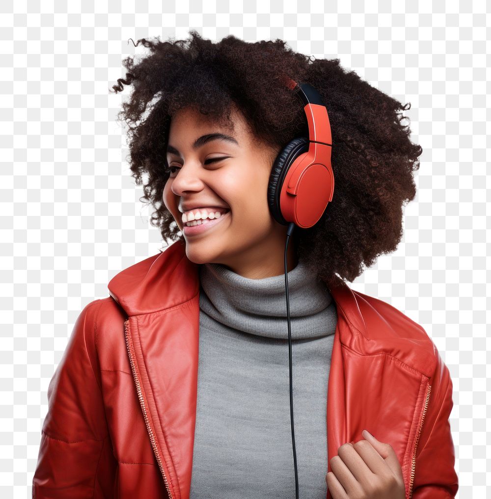PNG  Headphones listening headset jacket. AI generated Image by rawpixel.