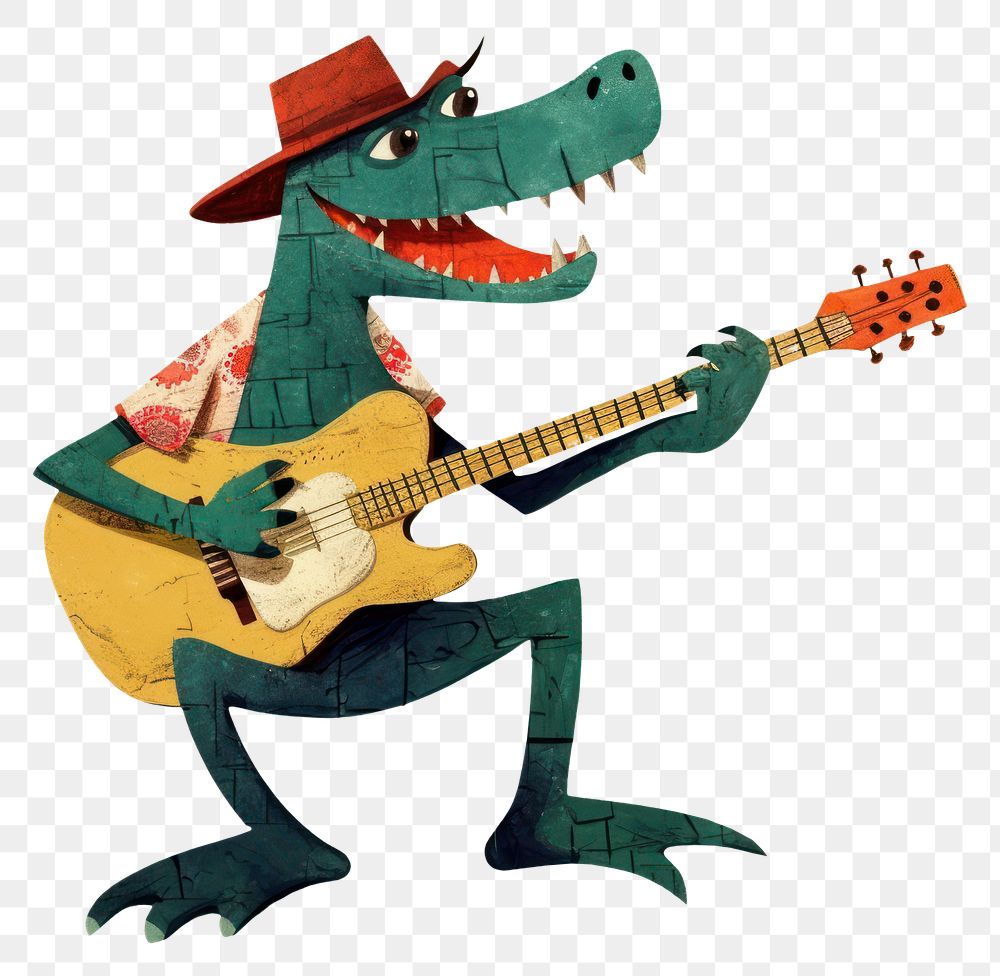 PNG  Happy crocodile guitarist characther playing guitar cartoon representation performance. AI generated Image by rawpixel.