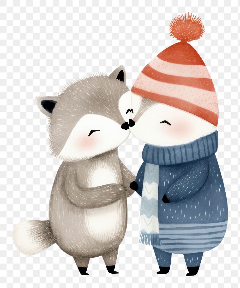 PNG 2 happy animals kissing winter drawing nature. AI generated Image by rawpixel.