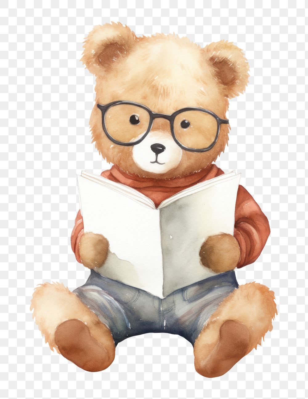 PNG A happy bear glasses reading book. 