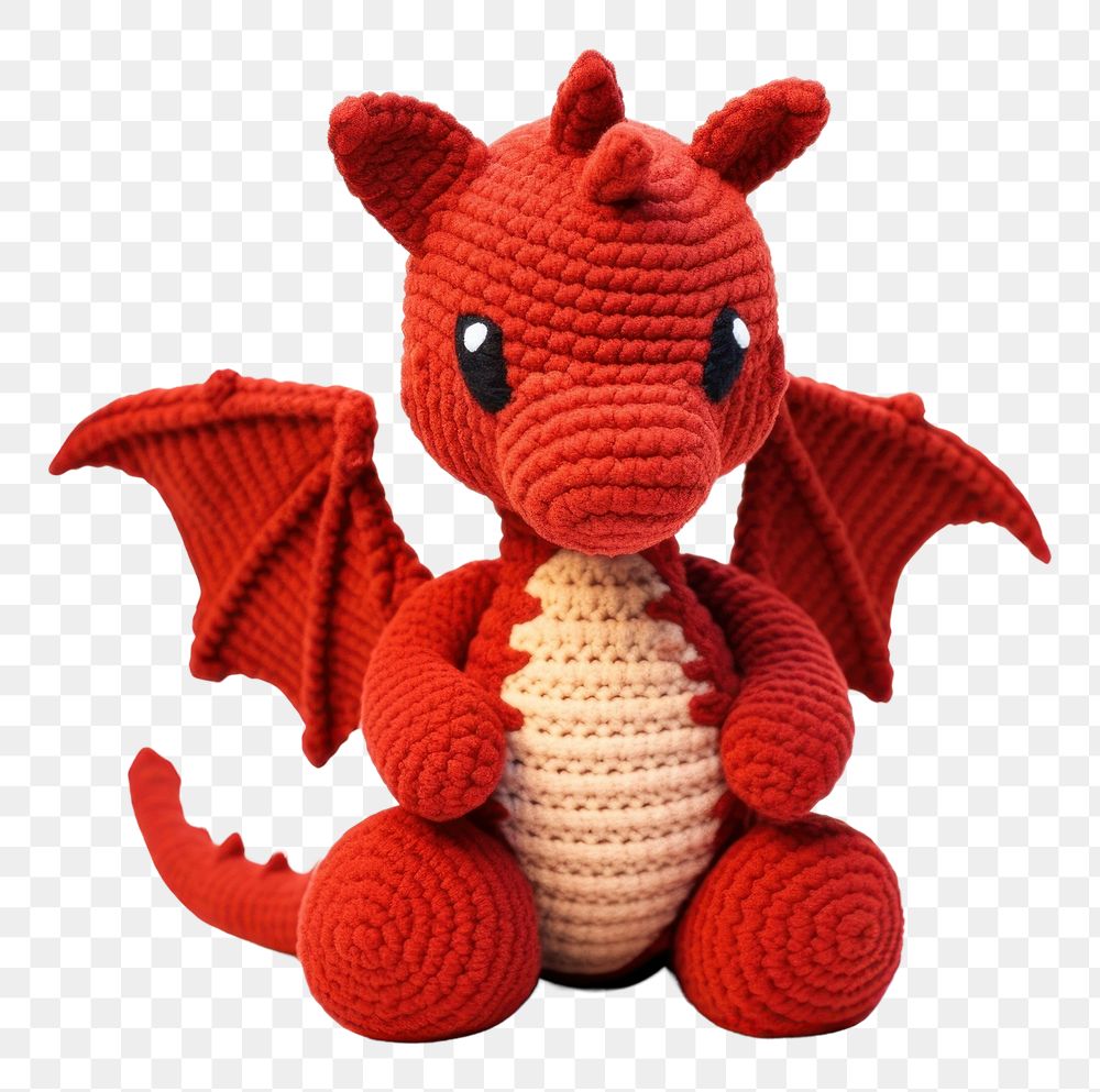 PNG Cartoon red dragon crochet animal plush. 