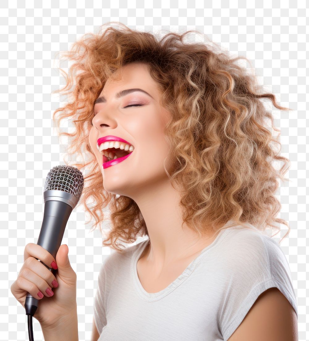 PNG  Woman singing karaoke microphone adult white background. AI generated Image by rawpixel.