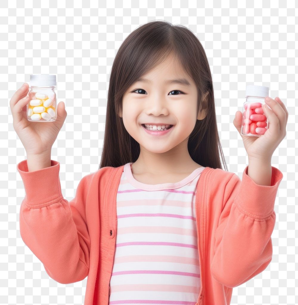 PNG  Girl hold bottle smile photo pill. AI generated Image by rawpixel.