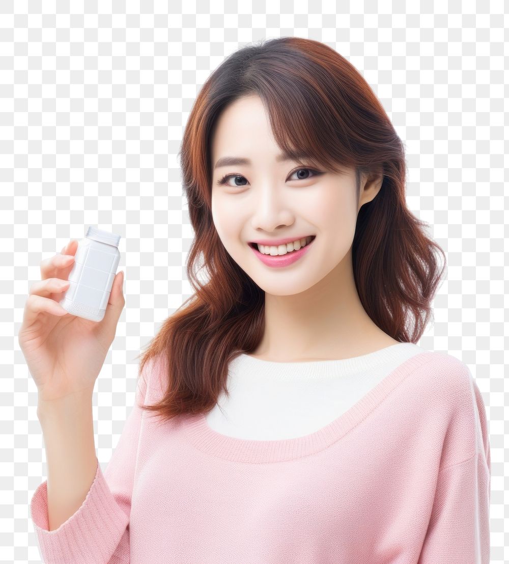 PNG  Girl hold supplement selfie adult smile. AI generated Image by rawpixel.