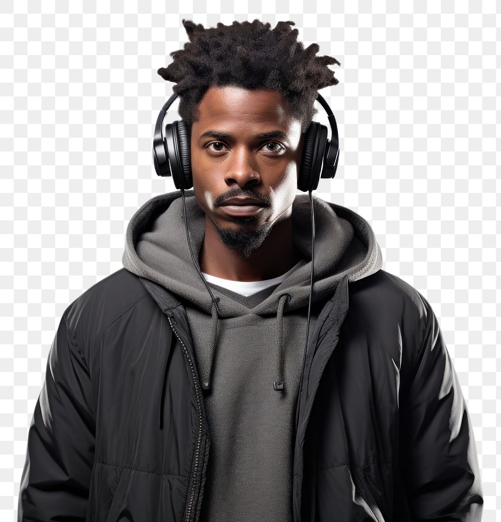 PNG Black man headphones portrait headset. AI generated Image by rawpixel.