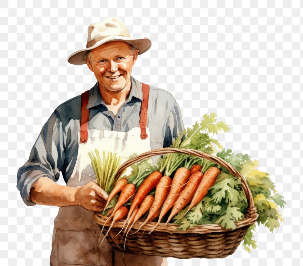 PNG  Farmer holding a basket of carrots vegetable adult plant. AI generated Image by rawpixel.