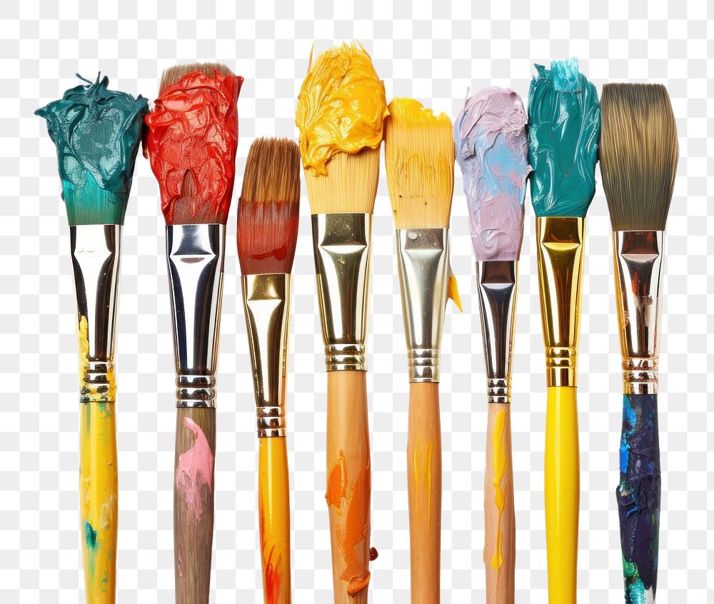 PNG  Row of artist paintbrushes closeup tool white background creativity. AI generated Image by rawpixel.