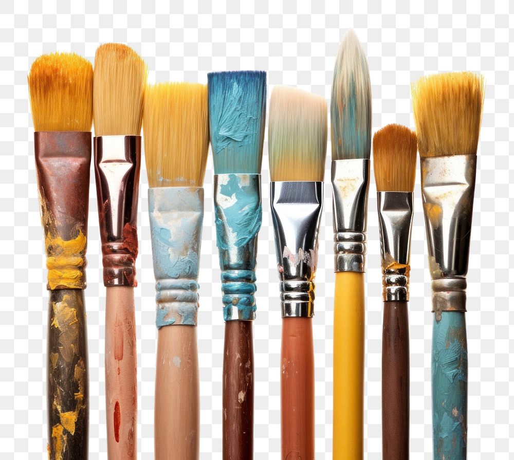 PNG  Row of artist paintbrushes closeup tool white background creativity. .