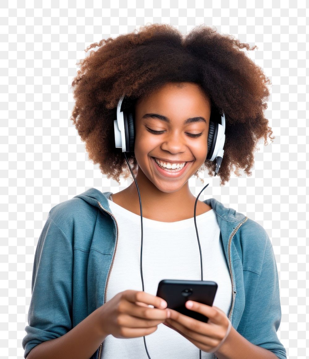 PNG  Black teenage girl streaming online music on mobile phone headphones smile adult. AI generated Image by rawpixel.