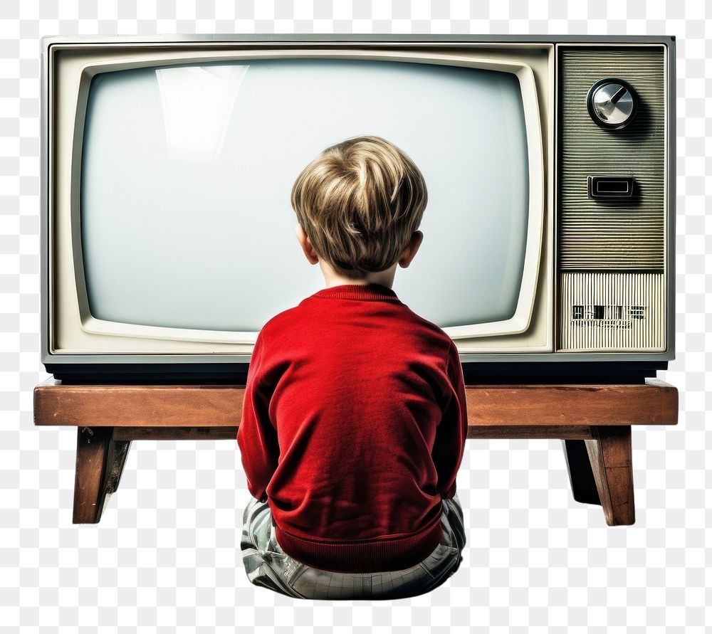 PNG  Boy watching an old television screen child white background. AI generated Image by rawpixel.