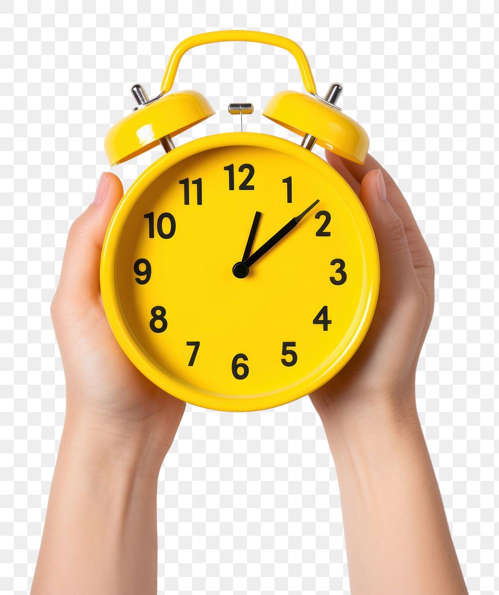 PNG  Yellow table clock holding hand white background. AI generated Image by rawpixel.